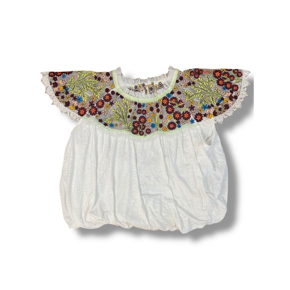 Free People Sun Valley Embroidered Floral Boho Peasant Top White Lace Trim Small